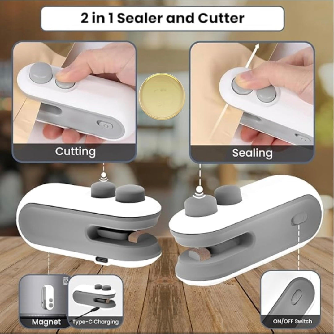 Portable Mini Bag Sealer & Cutter | USB Rechargeable Heat Sealer for Food Bags