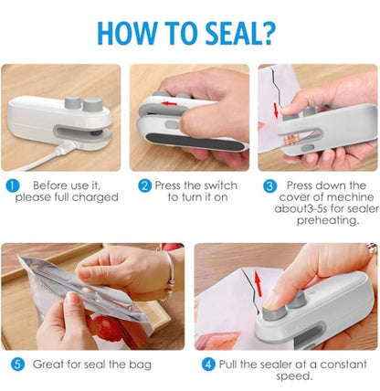 Portable Mini Bag Sealer & Cutter | USB Rechargeable Heat Sealer for Food Bags