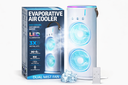 Portable Evaporative Air Cooler | Dual Mist Fan with LED Light | Mini Desktop Cooling Fan