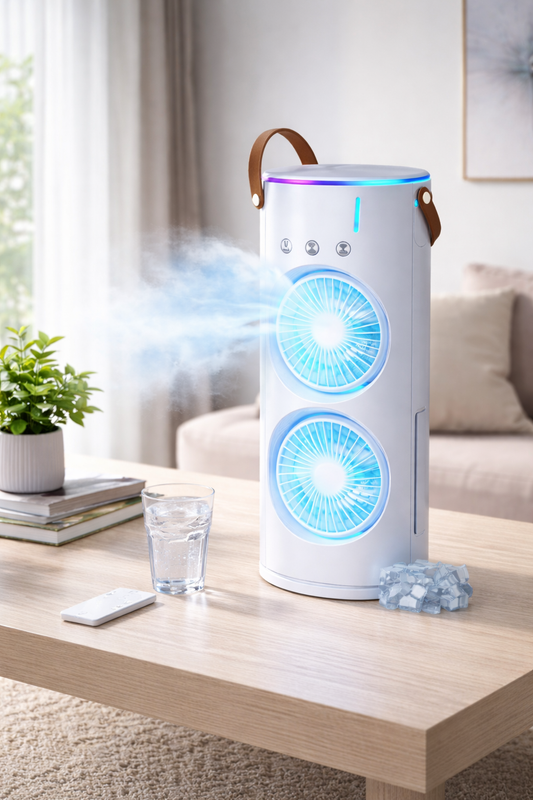 Portable Evaporative Air Cooler | Dual Mist Fan with LED Light | Mini Desktop Cooling Fan