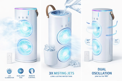 Portable Evaporative Air Cooler | Dual Mist Fan with LED Light | Mini Desktop Cooling Fan